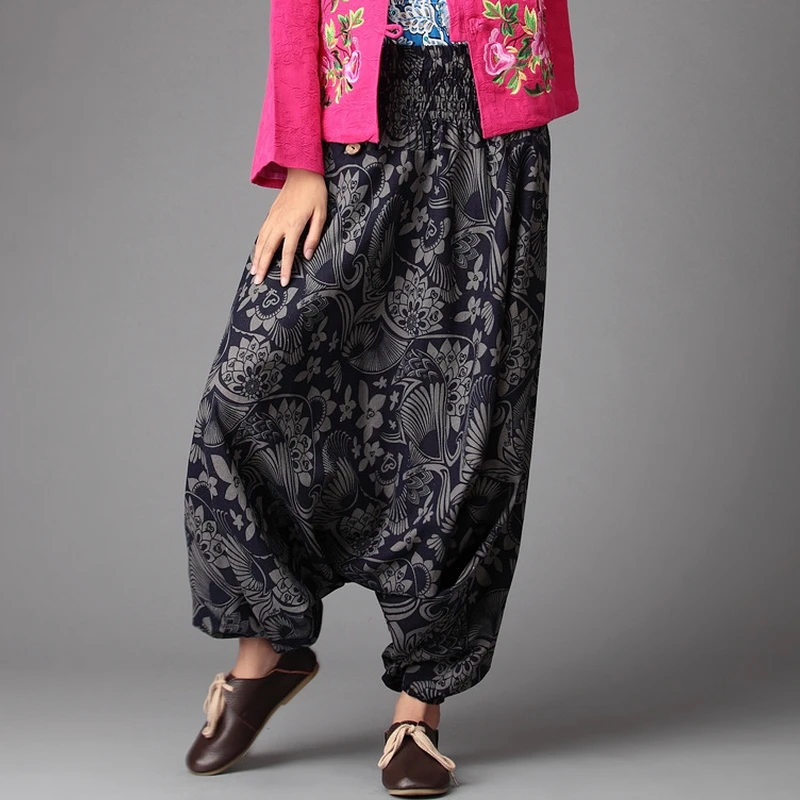 Harem Pants Women Loose Drop Crotch Unisex Pants Big Size Ethnic Floral Print Hip Hop Baggy