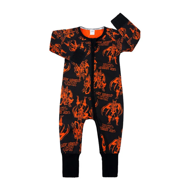 

2019 New Baby Boys Summer Cotton Romper Boys Kids Clothes Orange Print Cartoon Long-sleeved Slanted Zipper Jumpsuit Outfits 0-3Y