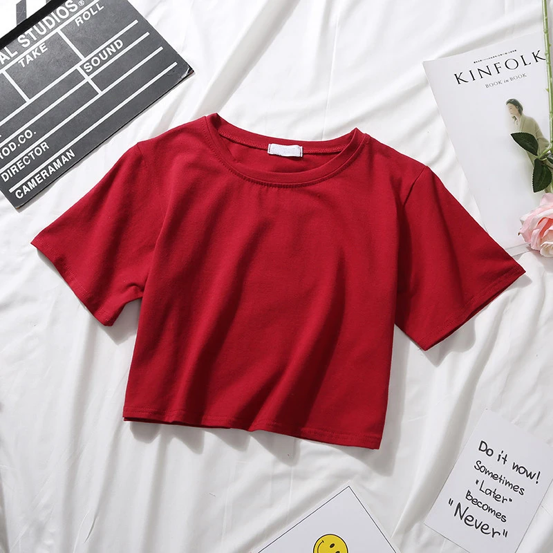 10 цветов, летний сексуальный укороченный топ с круглым вырезом, женская футболка с коротким рукавом, футболка, черная, белая, короткая футболка, базовые Стрейчевые футболки, поясничные