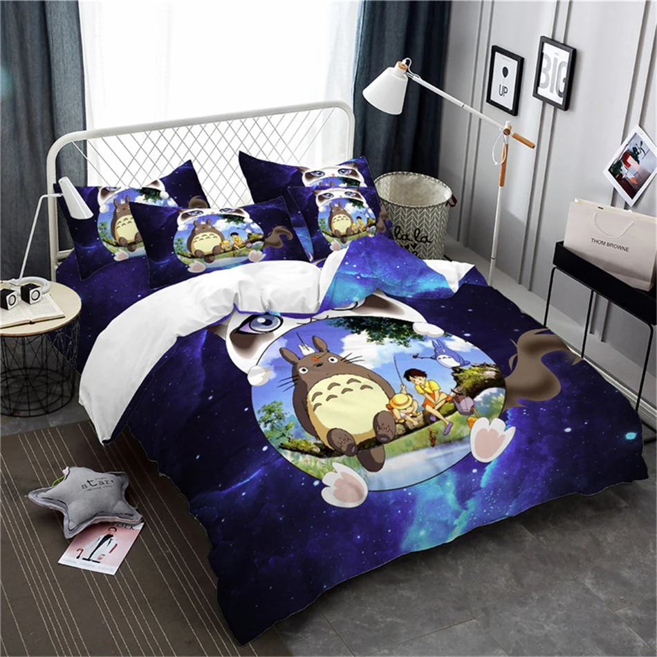 

3D Totoro Duvet Cover Dark Blue Galaxy Bedding Cartoon Cat Print Bedding Set Child Bedclothes Twin Full Queen King Quilt Cover