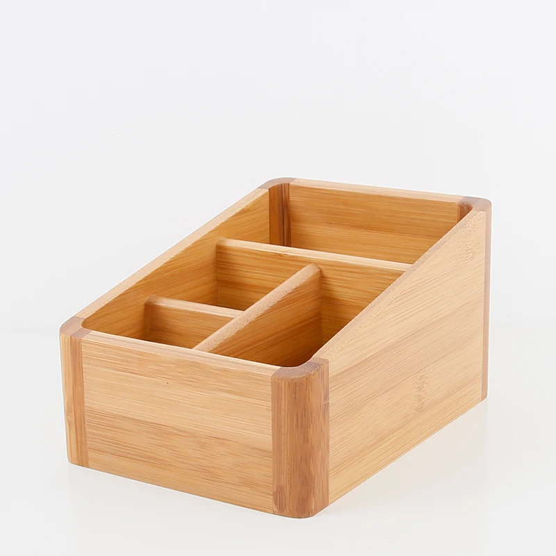 Bamboo Storage Box Table Organizer 4 Slots MultiUse Storage Box Wood Office Organizer Remote Controller Holder airtight container