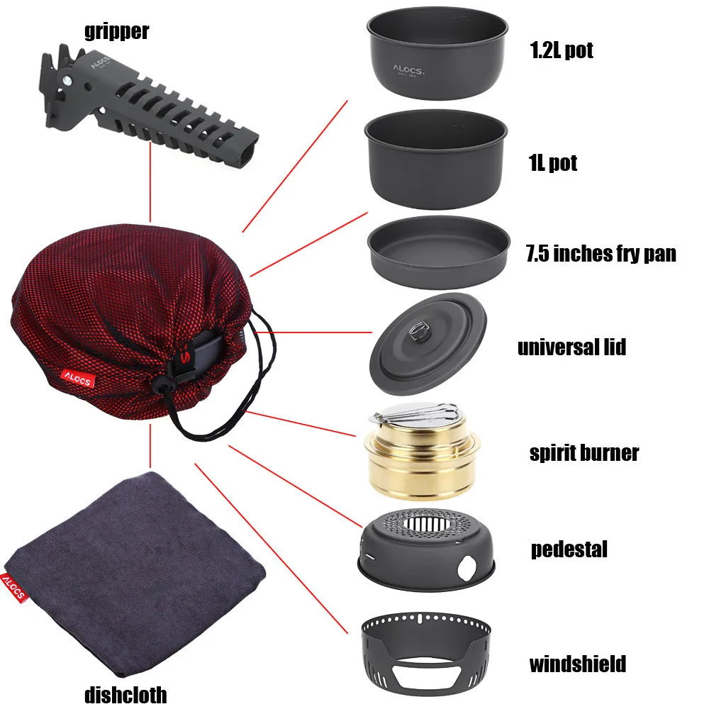 ALOCS CW-C05, походная портативная посуда, 10 шт., набор посуды для кемпинга, наборы чаш с сковородой, захват, Горшочек для пикника, барбекю