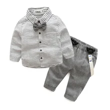 Nouveau-né bébé vêtements gentleman bébé garçon gris rayé shirt + salopette de mode bébé garçon vêtements