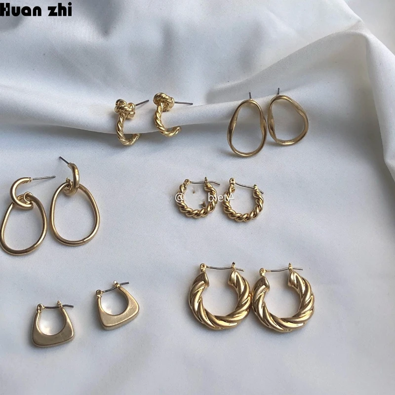 HUANZHI-2019-New-Gold-Matte-Metal-Knot-Twisted-Hollow-Round-Circle-Irregular-Waterdrop-Curved-Geometric-Earrings