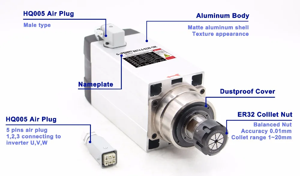 Новое поступление! 4.5kw ER32 двигатель с воздушным охлаждением шпинделя 220 v/380 v площадь шпинделя Керамика шарикоподшипники шпинделя 0,01 мм