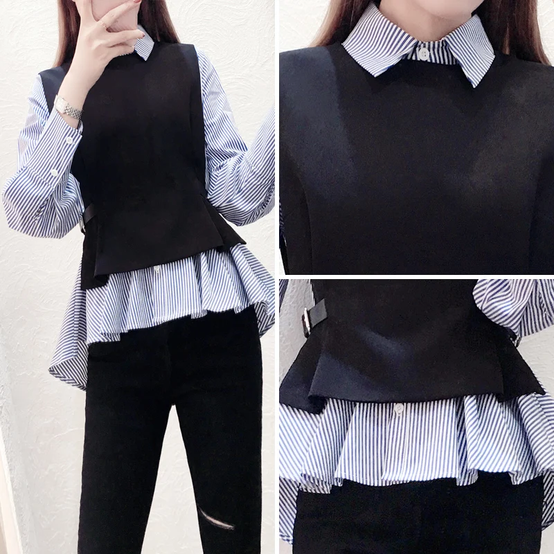 Female Patchwork Shirt Womens Tops Office Blouse Fake Collar ladies Blue Stripe Slim Casual Autumn Warm Shirts Long Sleeve 2PC Female Patchwork Shirt Womens Tops Office Blouse Fake Collar ladies Blue Stripe Slim Casual Autumn Warm Shirts Long Sleeve 2PC