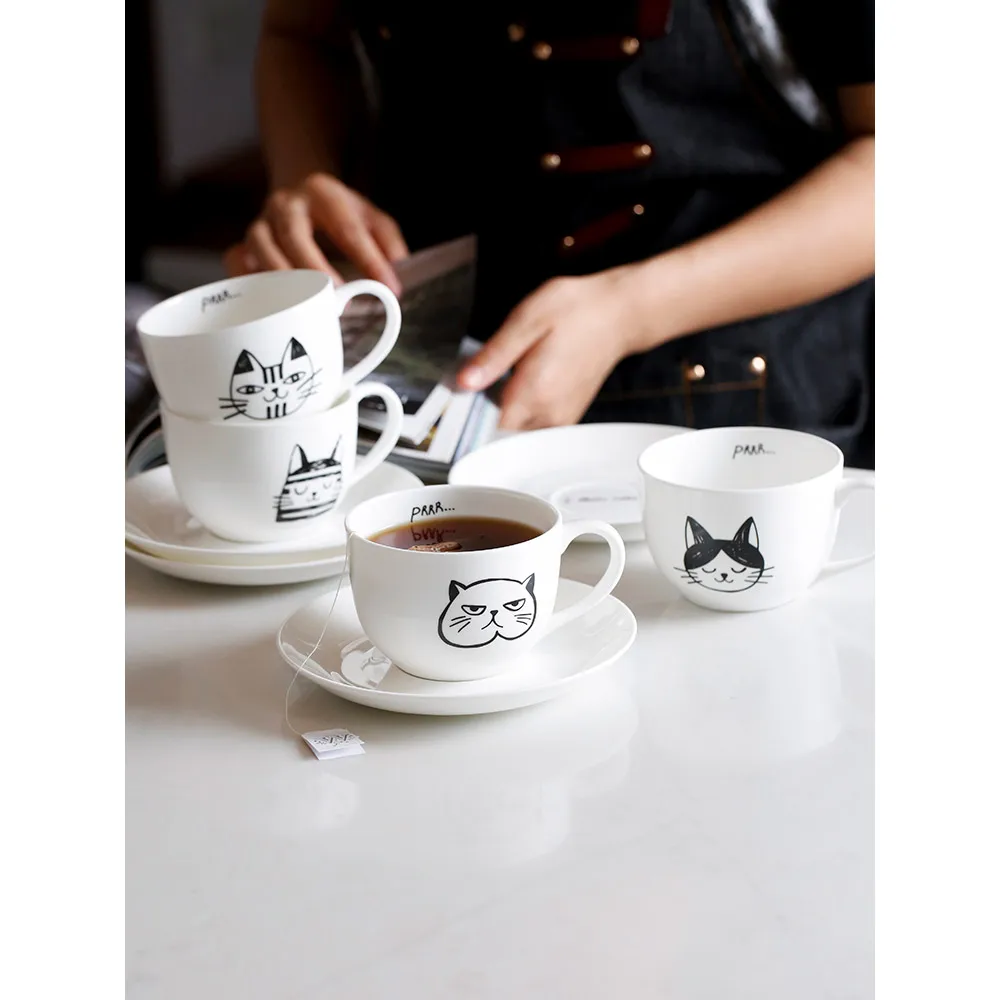 280ml ceramic coffee cup saucers bone china simple style cat cute Europe creative white tea cups &amp saucer | Дом и сад