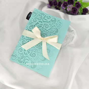 

Light Blue Ivory Ribbon Laser Cut Wedding Invitations Elegant Die Cut Pocket with RSVP Card Quince. Sweet Sixteen Invitation