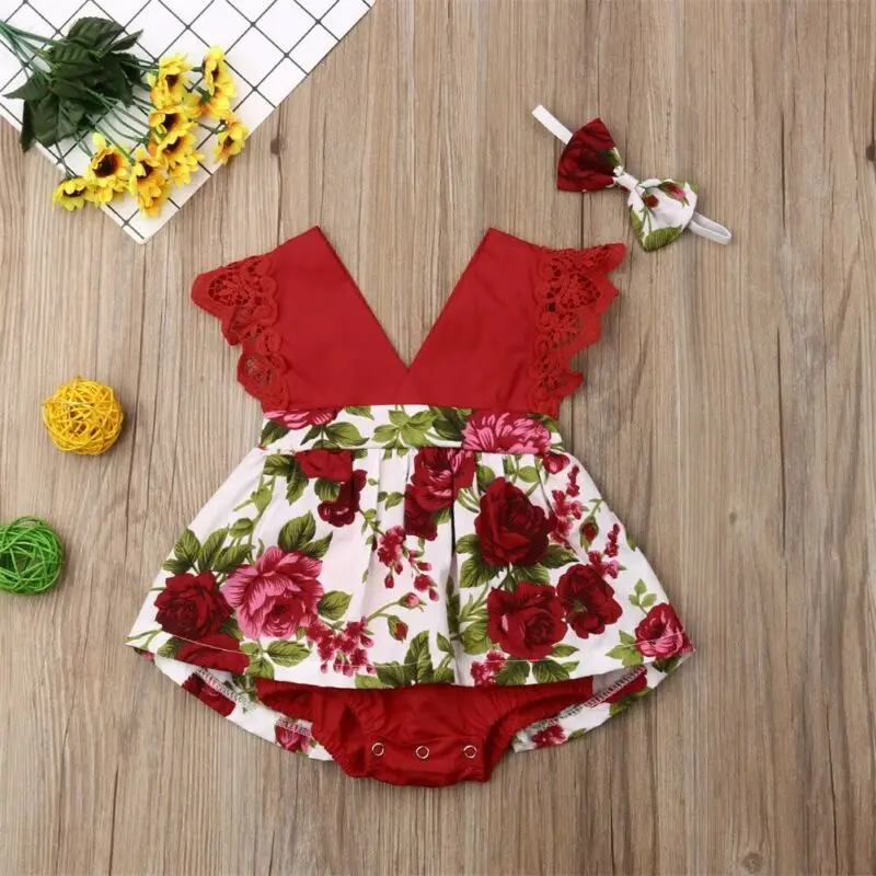 

2019 New Infant Newborn Baby Girl Bodysuit Jumpsuit Summer Sleeveless Flora Clothes Headband Red Body for Baby Girl