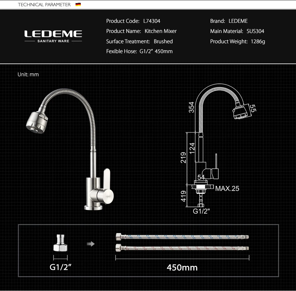 LEDEME Kitchen Faucet Single Handle Sink 360 Degree Rotatable Spout Pull Down Mixer Tap Deck Mounted Kitchen Faucets L74304 black kitchen faucet