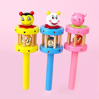 

1pc Lovely Wooden Hand Bell Musical Educational Toy Cartoon Design Baby Kids Color Random