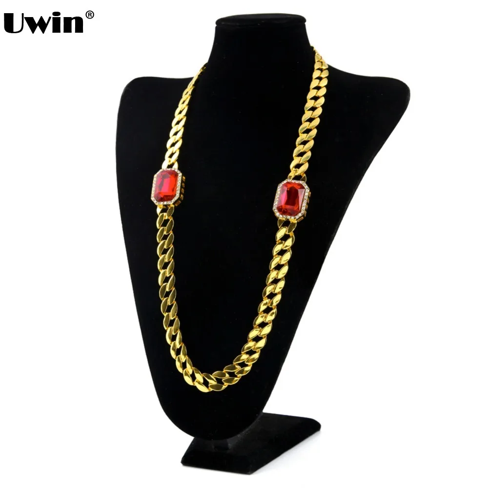 

Gold Color Cuban Link Radiant Red Stone Octagon Pendant Bling Chain&Link Mens Necklace Red Rhinestone Chain 2016 New Arrival