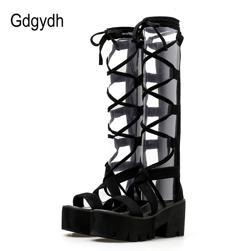 

Gdgydh 2019 Fashion Suede Mid Calf Women Boots Lacing High Heels Platform Shoes Open Toe Female Summer Booties Shoes Promotion