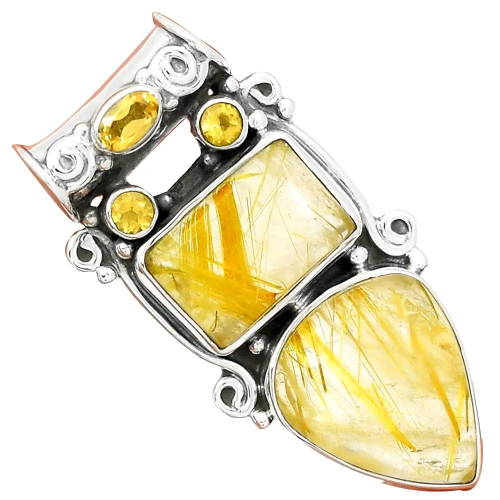 

NiaoZaiFei YunZaiKan Nature Golden Rutile + Citrine Pendant 925 Sterling Silver, 40 mm, MHBAP5307