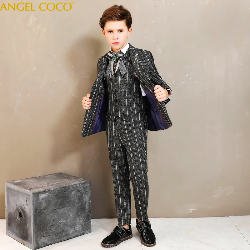 

2018 New Fashion Formal Boys Prom Suits 6pcs black strips Children Kids Wedding Clothing Sets Costume Enfant Garcon Mariage