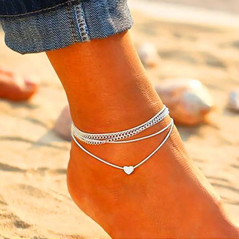 

2019 Bohemian Silver Color Anklet Bracelet Fashion Heart Female Anklets Barefoot For Women Leg Chain Beach Foot Jewelry