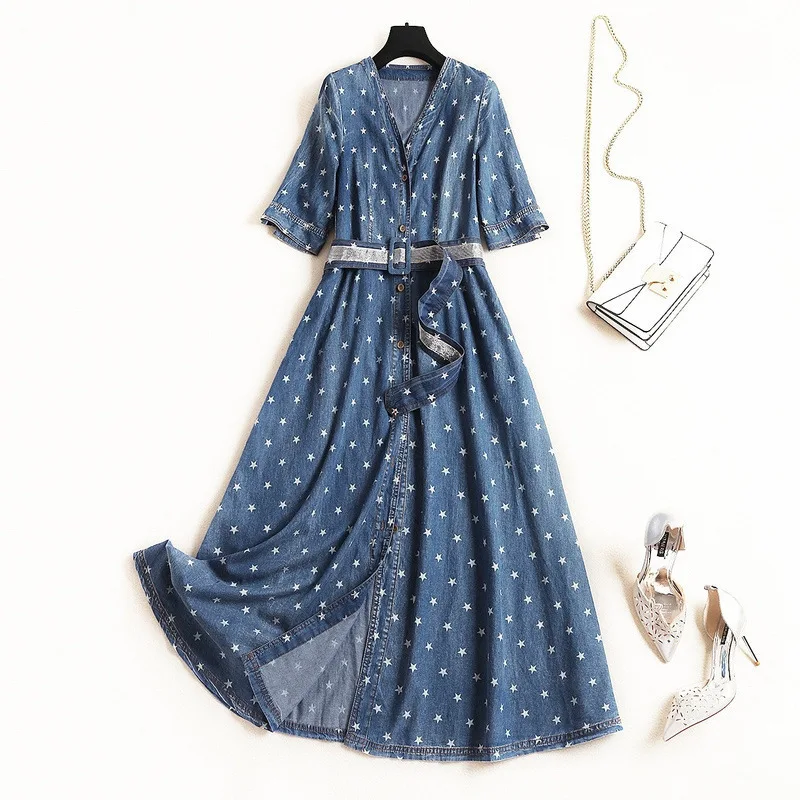 Women casual dress denim jeans star patterns V-neck short sleeve sashes a-line dresses new 2019 summer blue