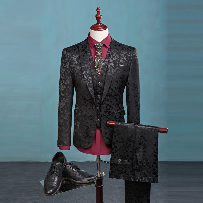 Good Chance of  (Blazer+Pants+Vest) Fashion Men's Suit Shine Patterns Luxury Casual Men Stage Clothing Vintage Mens
