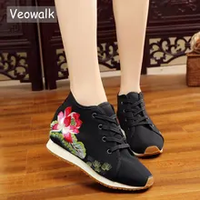 Veowalk/ дизайн; Женская Повседневная парусиновая обувь на платформе с цветочной вышивкой; винтажная женская обувь для путешествий из хлопка со средним верхом на шнуровке