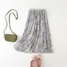 Пышная шифоновая юбка женская трапециевидная Высокая талия средней длины 72 см цветочный принт подходит ко всему Женская плиссированная юбка