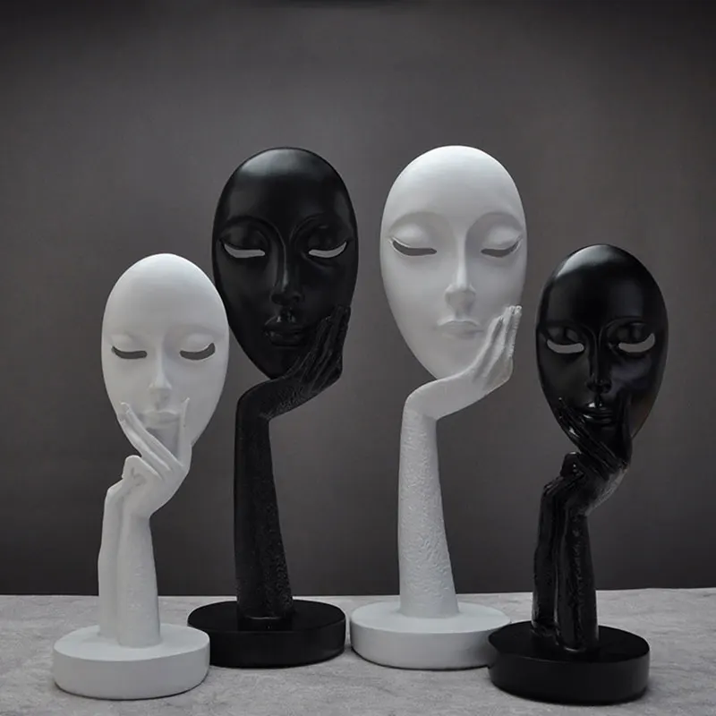 

Nordic Black White Face Figurines Resin Masks Ornaments Handmade Tabletop Home Decoration Portrait Mask Crafts Thinker Statues