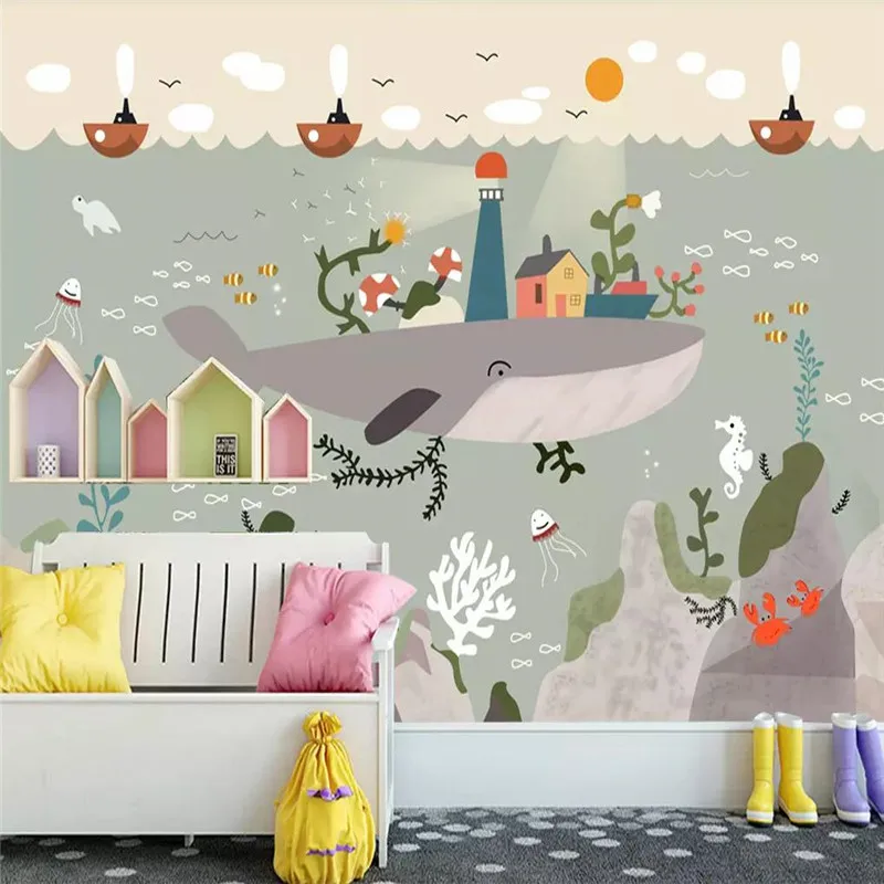 Hand-painted underwater world whale mate art background wall professional production mural wholesale wallpaper custom photo wall Hand-painted underwater world whale mate art background wall professional production mural wholesale wallpaper custom photo wall