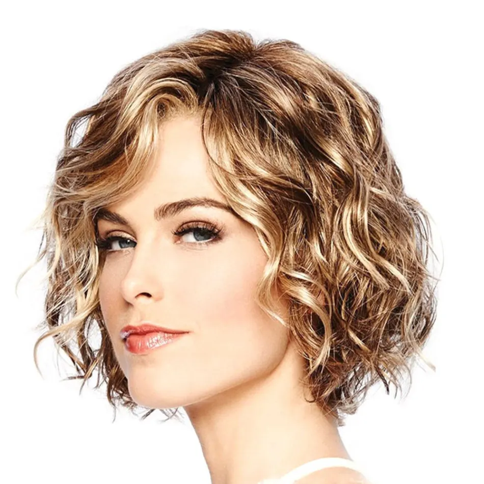 

23cm Short Curly Hair Synthetic Lace Wig Bronze Gold Lace Front Wig With Hairnet Women European Hair Styling Tool