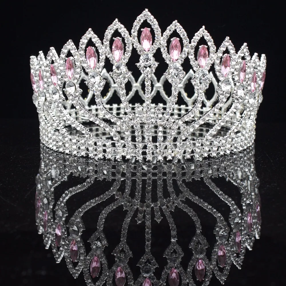 Queen King Свадебные и короны, диадемы Розовый Кристалл Серебряная заколка для невесты Для женщин диадема Свадебные украшения для волос аксессуары