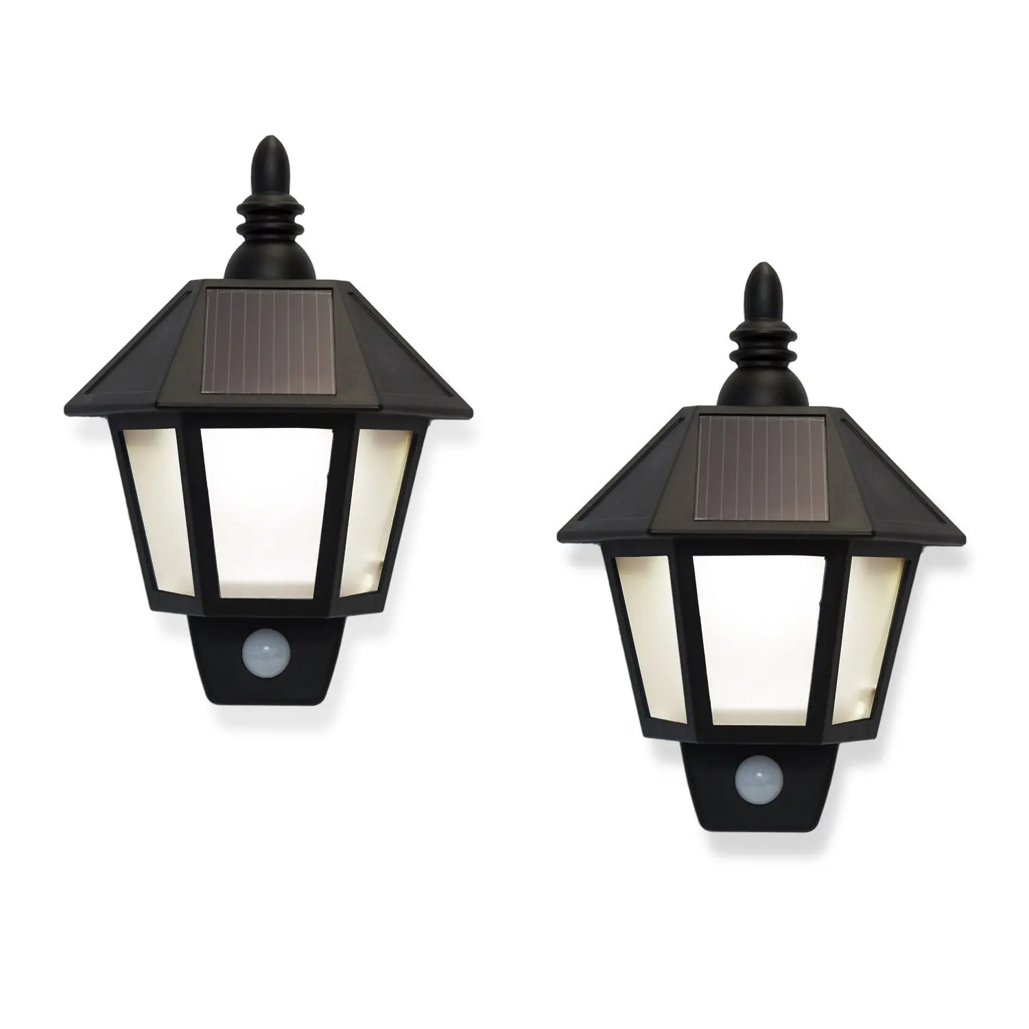 

New 2 Solar Rechargeable Security Wall Sconce Lights with High Tech Motion Detection, Black Exterior, Warm White LEDs