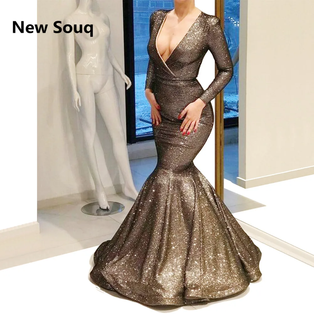 

Shining Sequined Mermaid Evening Dresses With Deep V-neck Long Sleeves Evening Gowns Dubai Saudi Arabic Prom Dress