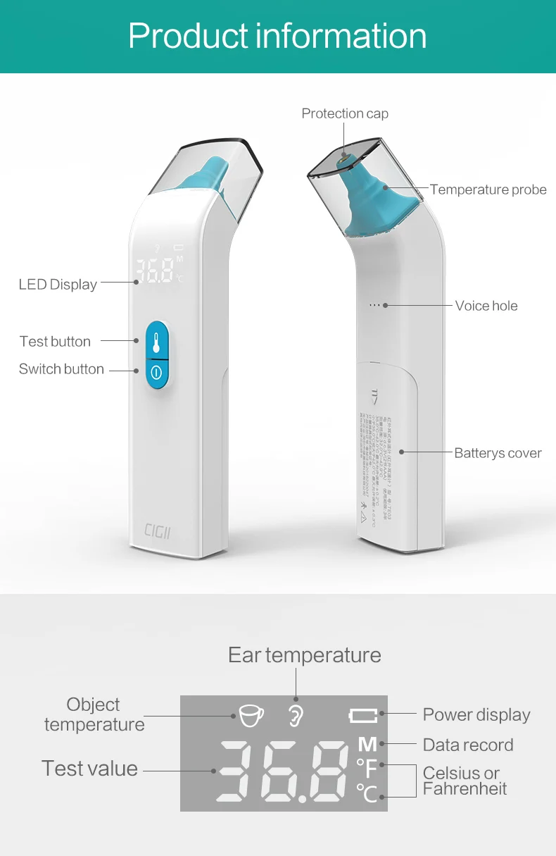 Cigii Детский термометр для ушей, инфракрасный светодиодный индикатор температуры тела, голосовое вещание, забота о здоровье, тест на температуру лба