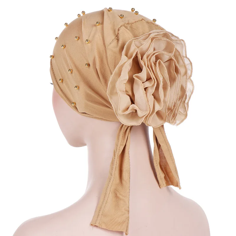 Мусульманские женщины стрейч шарик хлопок твердый тюрбан с цветком шляпа рак шапочка при химиотерапии головной убор предварительно связанный шарф аксессуары для выпадения волос - Цвет: Khaki