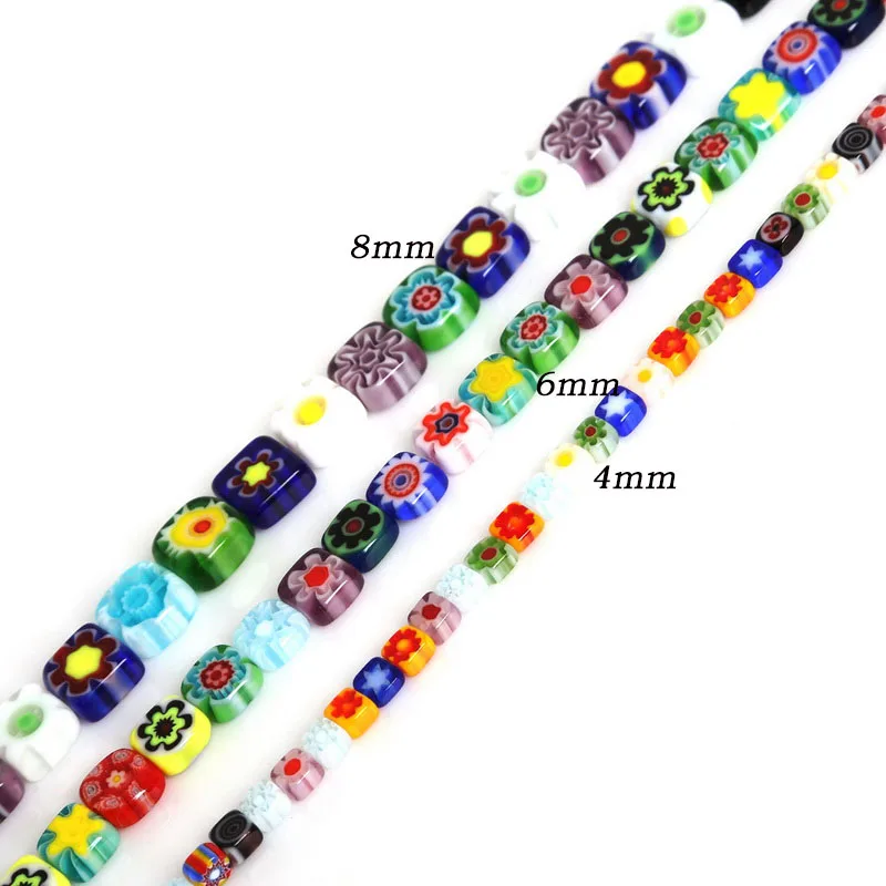 4/6/8mm Flat Square Beads 39cm/Strand Millefiori Flower Lampwork Glass