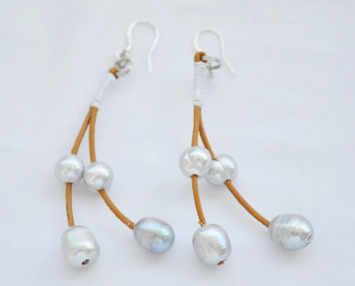 

FREE SHIPPING>>> free shipping 11813 2line gray rice freshwater pearl coffee leather cord dangle EARRING