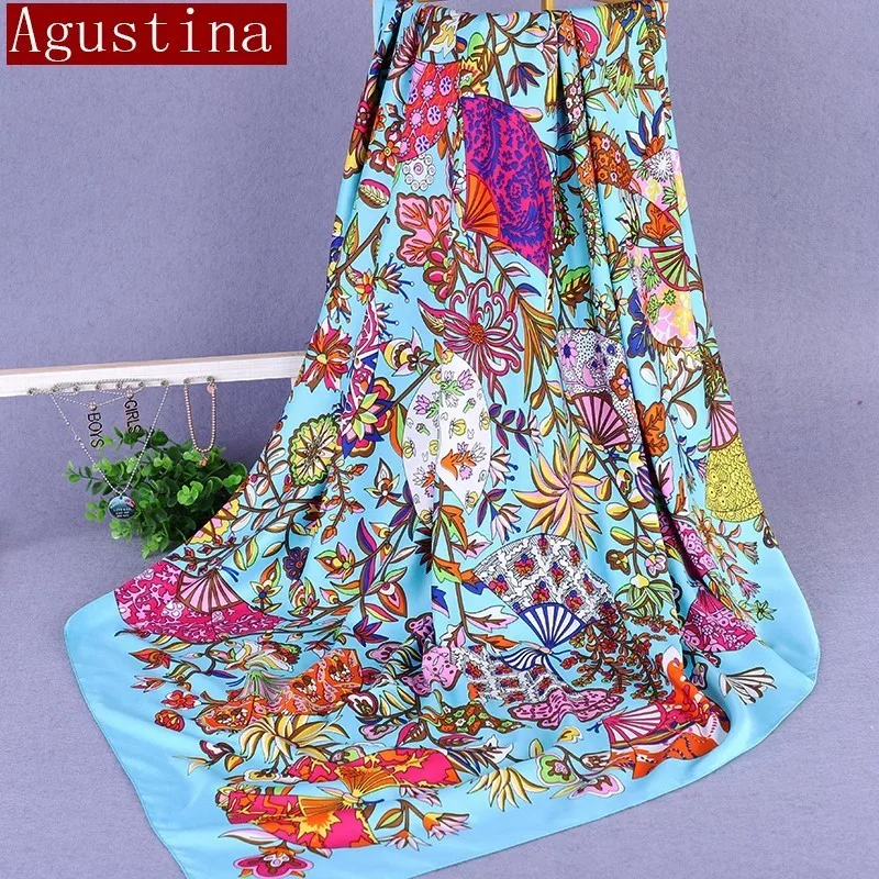 

scarf silk fashion square Print animal hijab for women scarves Navy blue stoles quality brand plant shawl and wraps ladies