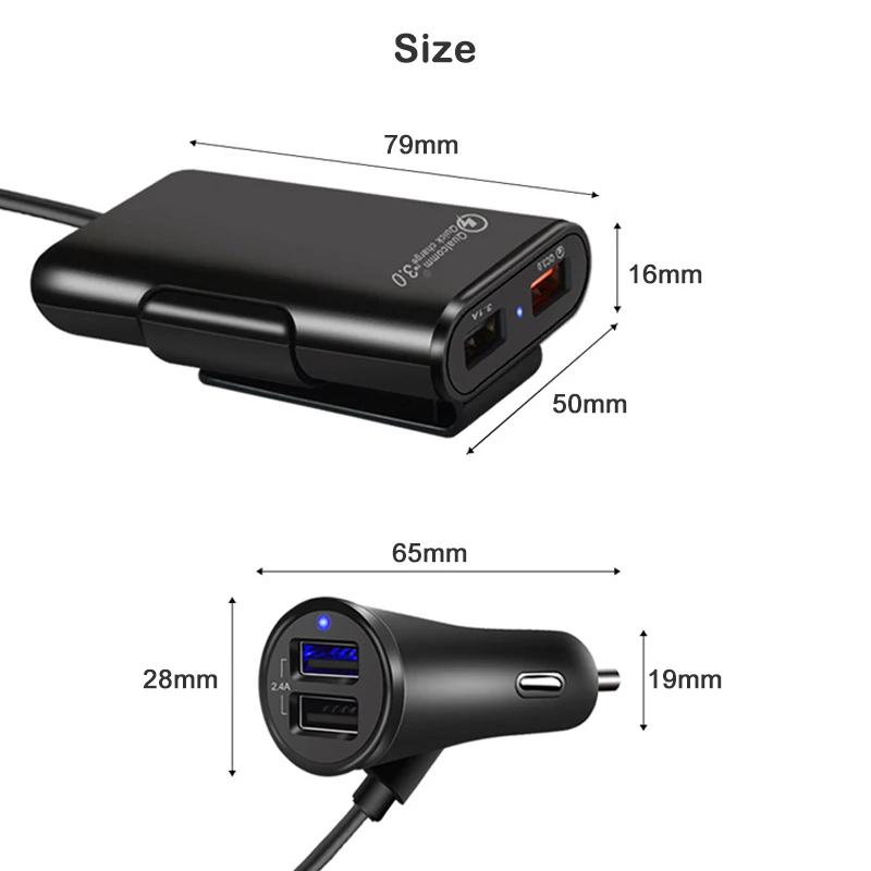 Yantu 4 порта QC3.0+ 2.4A+ 3,1 AUSB автомобильное зарядное устройство Универсальный USB Быстрый адаптер с 5.6ft удлинитель Кабель для MPV автомобильный телефон