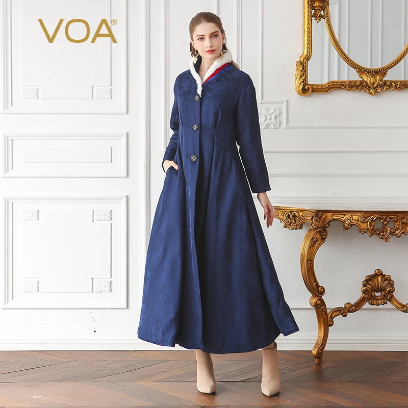 

VOA 2018 Winter Navy Blue Marten Fur Edging Silk Jacquard Tunic Warm Coat Vintage Plus Size Women Maxi Long Parka Coat MLX00501