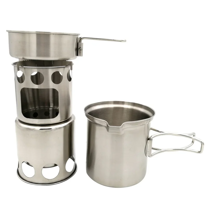 

Outdoor Camping Cookware Set Wood Stove Cooking Pot Set Stainless Steel Tableware Folding Cookware For Backpacking Fishing