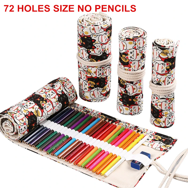 

72 Holes Pencil Case Fabric School Supplies Art Pencil Pouch Canvas Pen Wrap Roll Makeup Brush Pen Storage Stationery Student