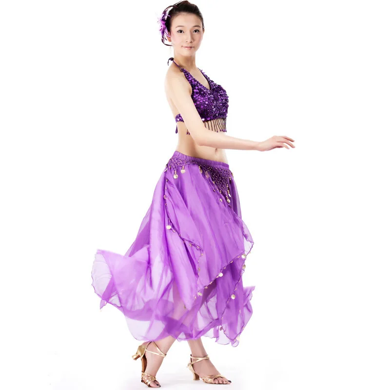 BELLYQUEEN 2 шт./компл. 15 цветов сцены Восточный танец Одежда для танцев Индийский платье практика костюмы - Цвет: Dark Purple