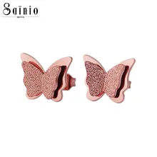 Sainio, серьги-бабочки, розовое золото, нержавеющая сталь, серьги-гвоздики для женщин, детей, матовые, Бабочка, хрящи, серьги-гвоздики