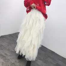 Весна новое поступление корейской супер фея сетки Слои юбка нерегулярные оборками плиссированные юбки длинные для Для женщин