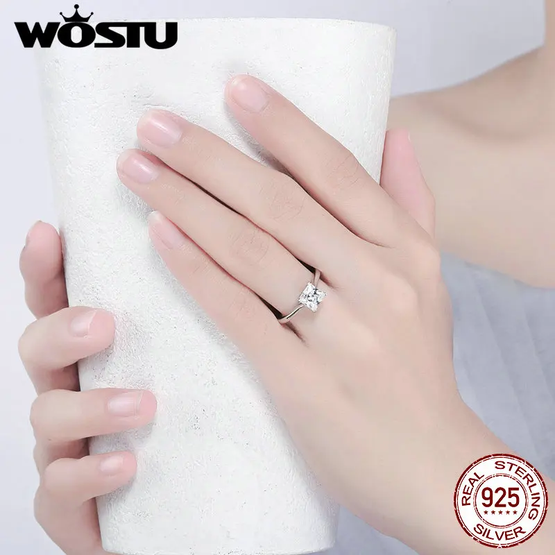 

WOSTU Hot Sale Real 925 Sterling Silver Elegant Princess Cut Square Clear CZ Finger Rings For Women Luxury Jewelry Gift BKR044