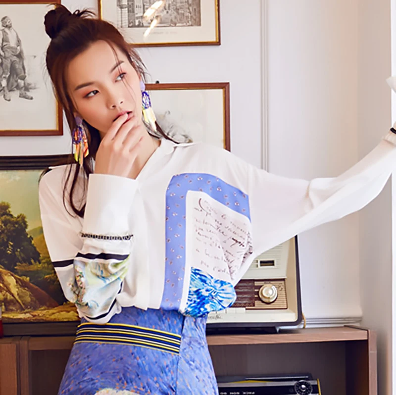  [EAM] 2020 New Autumn Winter Lapel Long Sleeve White Irregular Pattern Printed Big Size Shirt Women