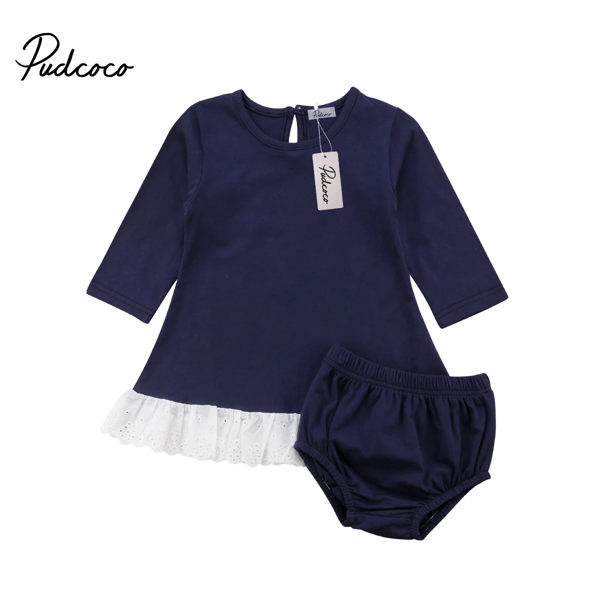 

2018 Brand New Toddler Infant Baby Girl Long Sleeve Tops Dress And Denim Shorts PP Bottom Outfit Lace Patchwork Autumn Clothes