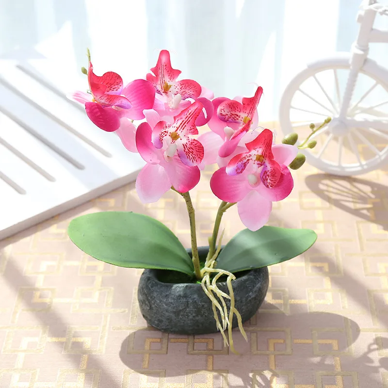 Камень искусственная Орхидея, Бабочка, Шелковый цветочный горшок, ваза, набор, настольный бонсай, цветок в горшках, украшение для дома, свадебное украшение, рождественский подарок - Цвет: pink