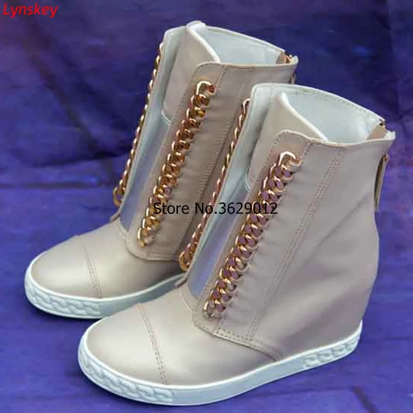 

Chain Cross-tied Women Shoes Hidden Heel Back Zipper Ankle Boots Fashion High Top Wedge Short Boots