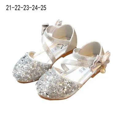 Обувь принцессы для девочек; Новинка года; Осенняя детская обувь с бантом; детская обувь на плоской подошве с блестками и ремешком для девочек; Танцевальная обувь для вечеринок; европейские размеры 21-36 - Цвет: silver21-25