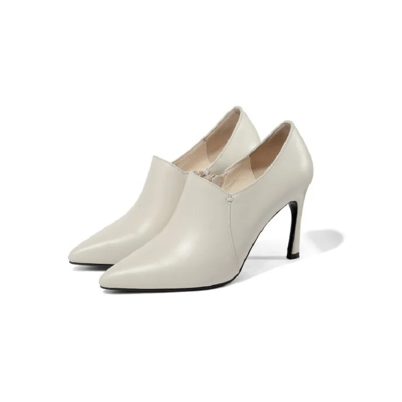 

2019 autumn new European and American high-heeled stiletto pointed deep mouth women's shoes beige 0324