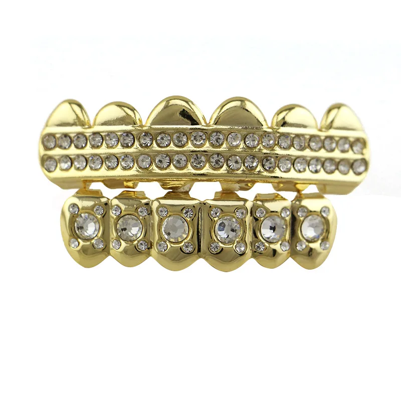 

Copper Rhinestone crystal Top & Bottom Grillz Set with Silicone Vampire for Party Gift Golden Silver Teeth Grillz YT0009